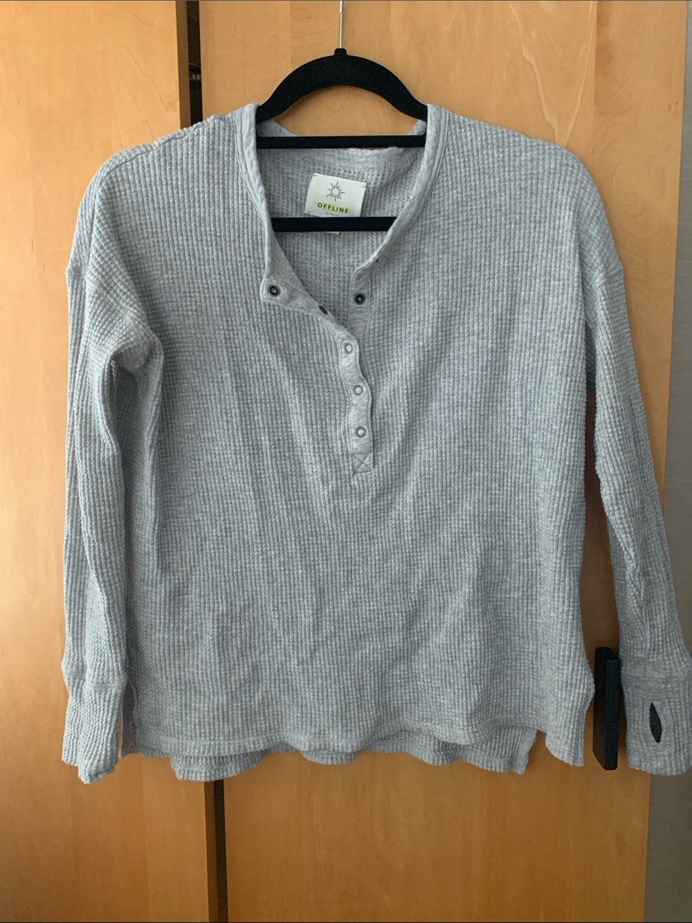 Aerie OFFLINE | Thermal Henley Waffle Long Sleeve Oversized Cotton Top - gray